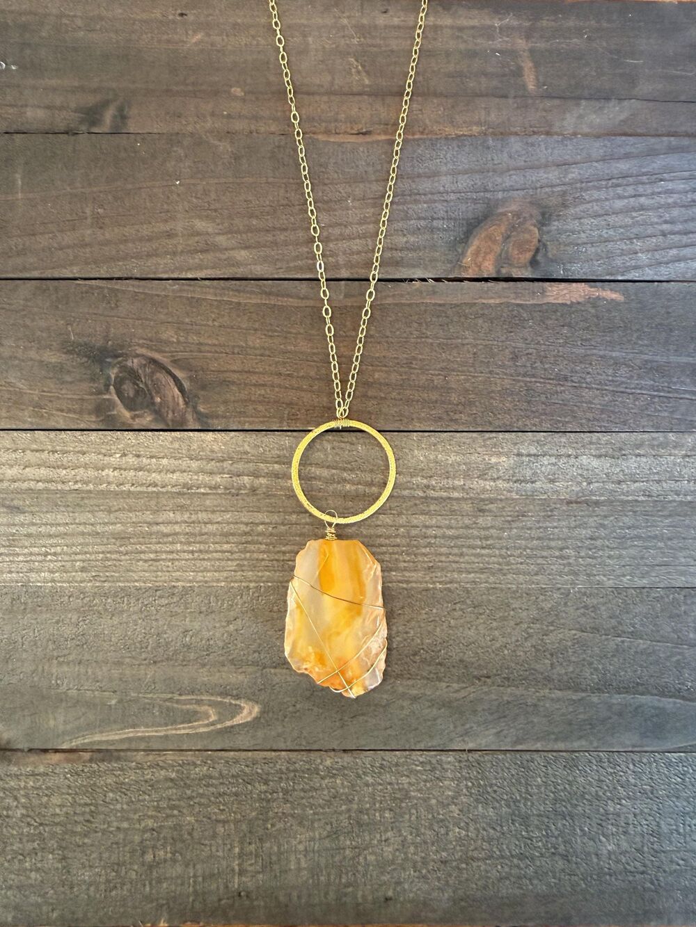 Orange Agate Pendant Necklace 32" Chain Hand Wrapped Natural Stone Statement